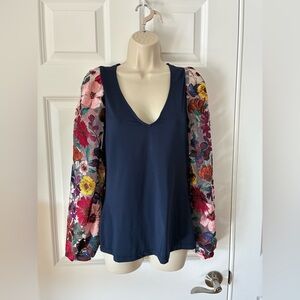 Floral Sleeve Navy Top Boston Proper Size S